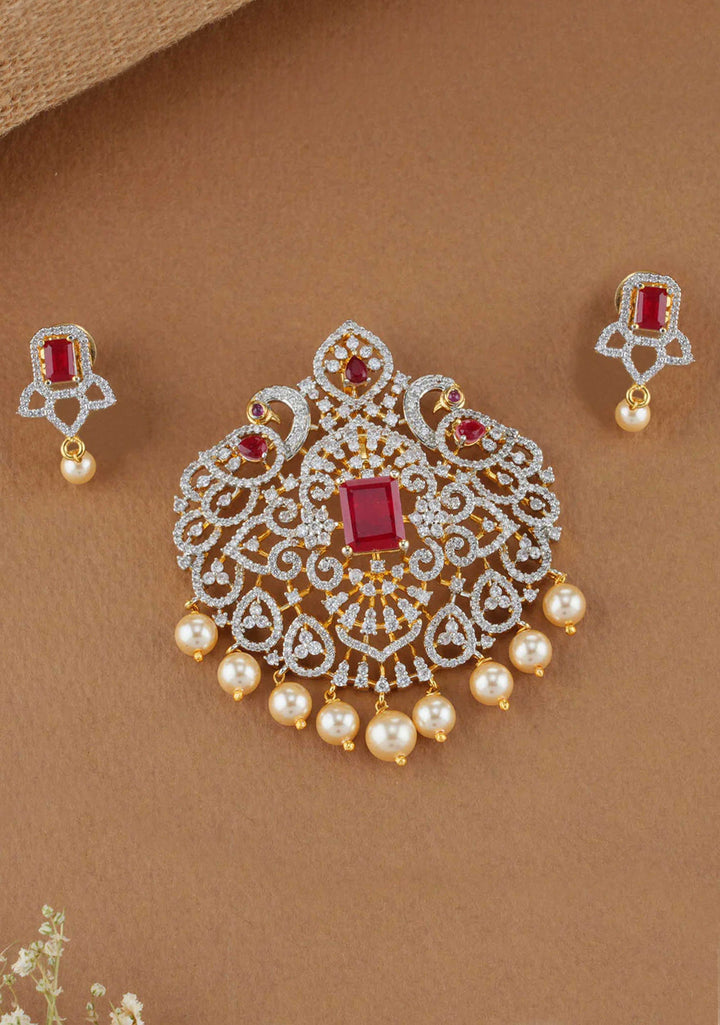 92.5 Silver Gold plated White and Red Stone Peacock  Pendant and earrings Set, No chain