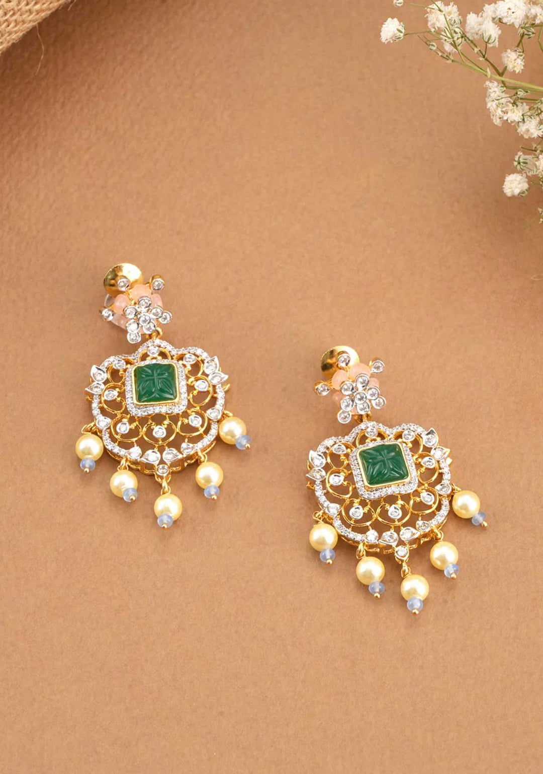 92.5 Silver Gold Plated CZ and Green stone Pendant and earrings set, no chain