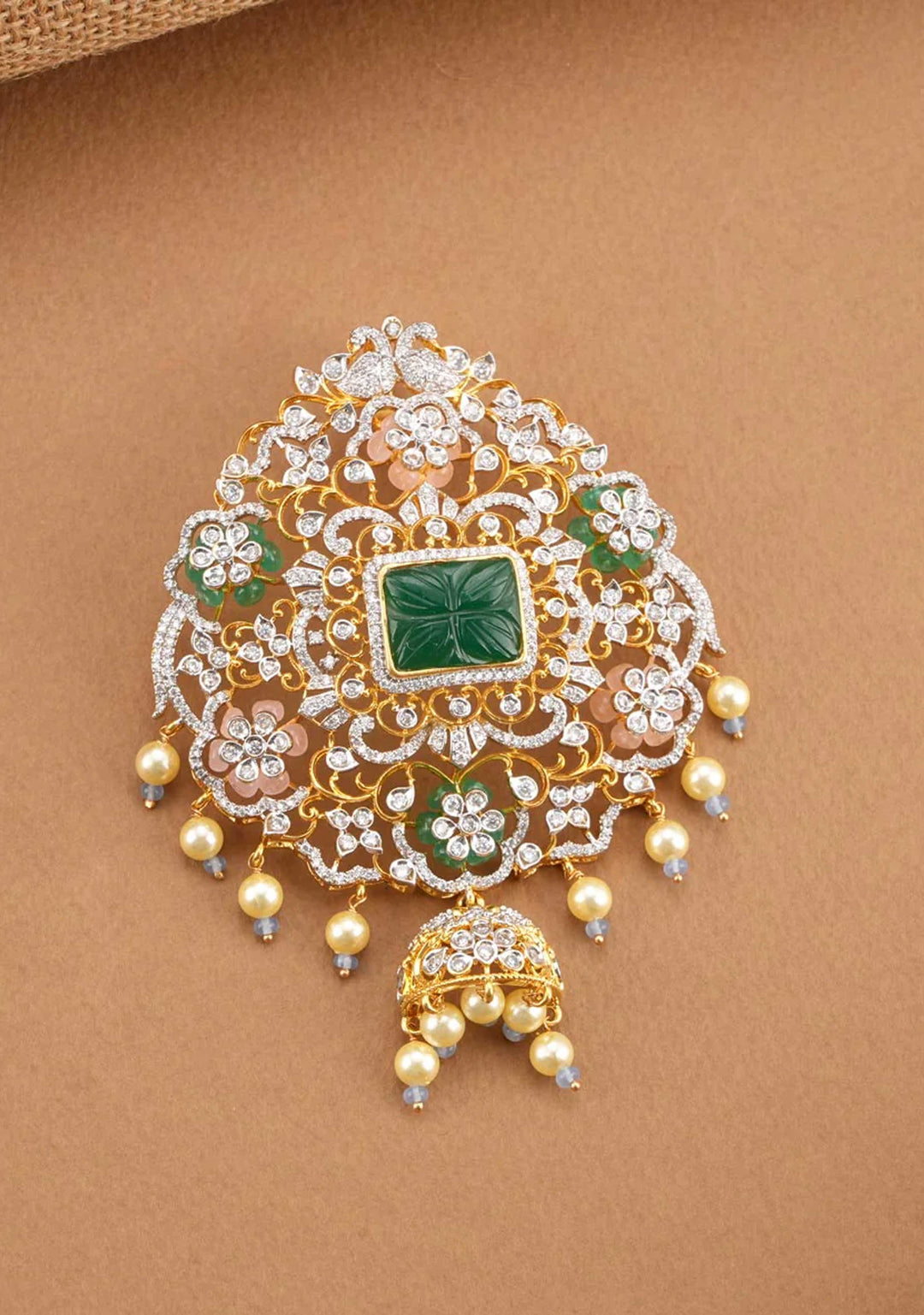 92.5 Silver Gold Plated CZ and Green stone Pendant and earrings set, no chain