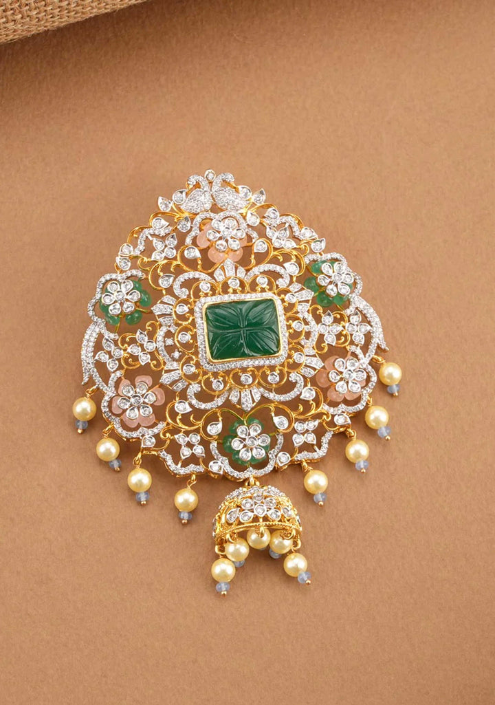 92.5 Silver Gold Plated CZ and Green stone Pendant and earrings set, no chain