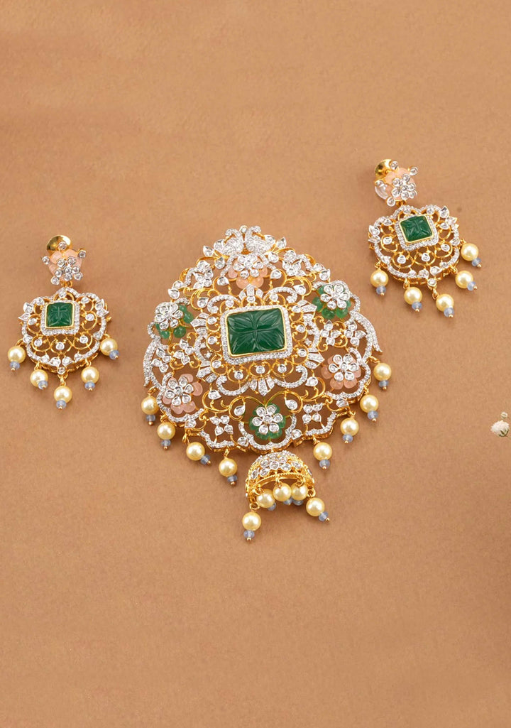 92.5 Silver Gold Plated CZ and Green stone Pendant and earrings set, no chain