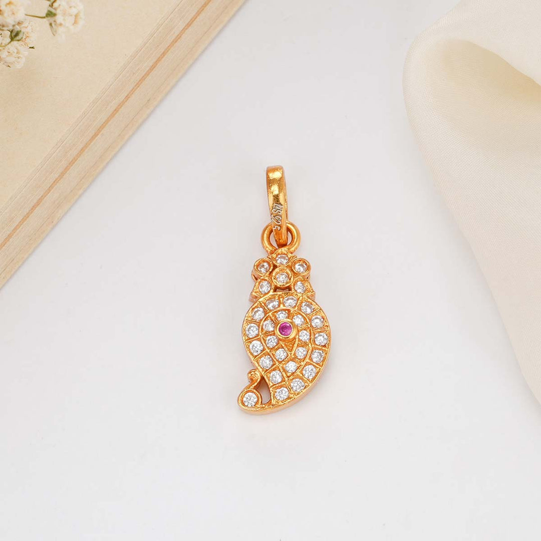 Pure 92.5 Silver, 22kt Gold Plated Mango Designed Stone Pendant | SHOBITAM