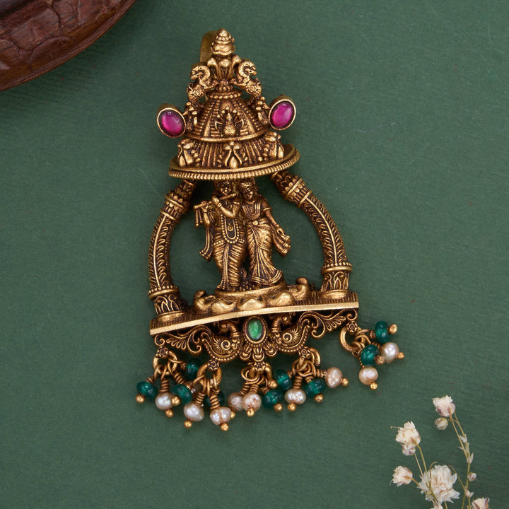 Pure 92.5 Silver, 24kt Gold Plated Radhae Krishna 3D Spl Pendant | SHOBITAM