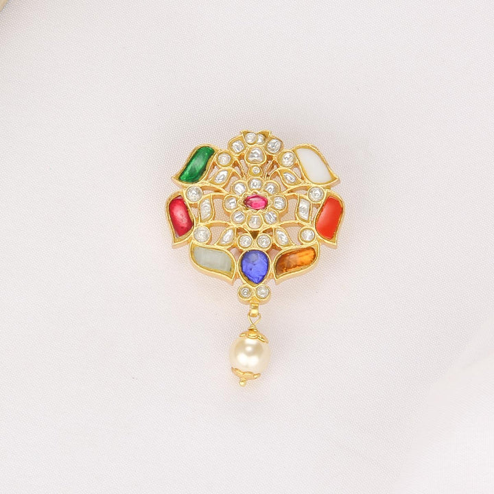 92.5 Silver, 24 kt Gold-Plated Navarathna Kundan Pendant | SHOBITAM