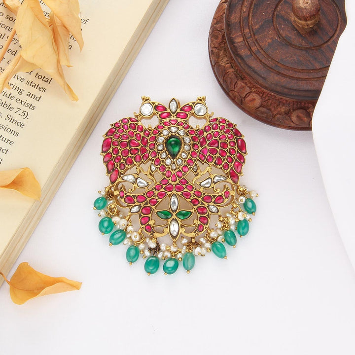 92.5 Silver, 24 kt Gold-Plated Amazing Kundan Gandaberunda Pendant | SHOBITAM