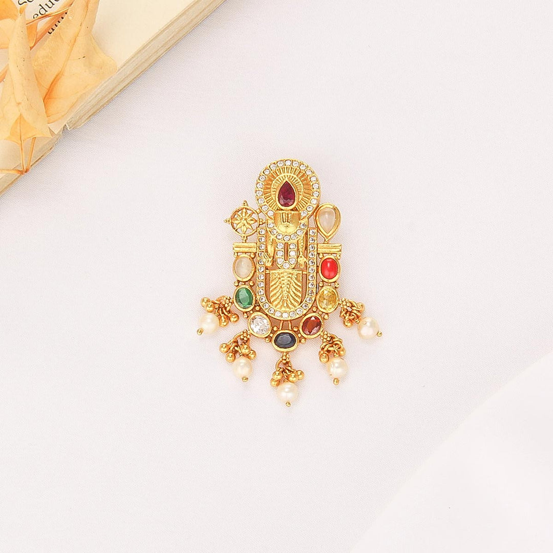 92.5% sterling silver and plated with 24kt gold Perumal Designed Stone Pendant | SHOBITAM