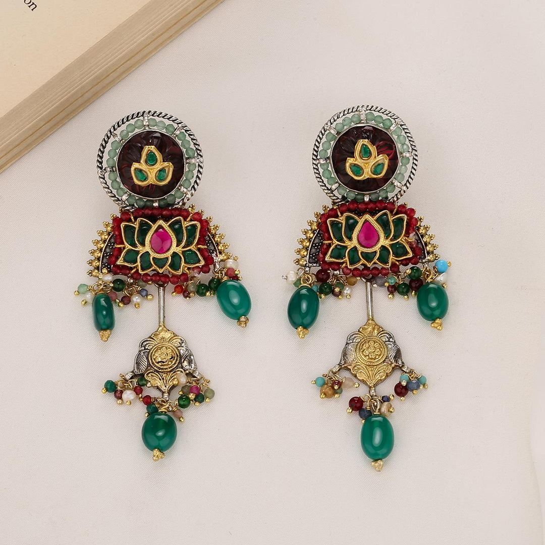 92.5 Silver and 24kt gold-plated, Chic Oxidised Long Earrings | SHOBITAM