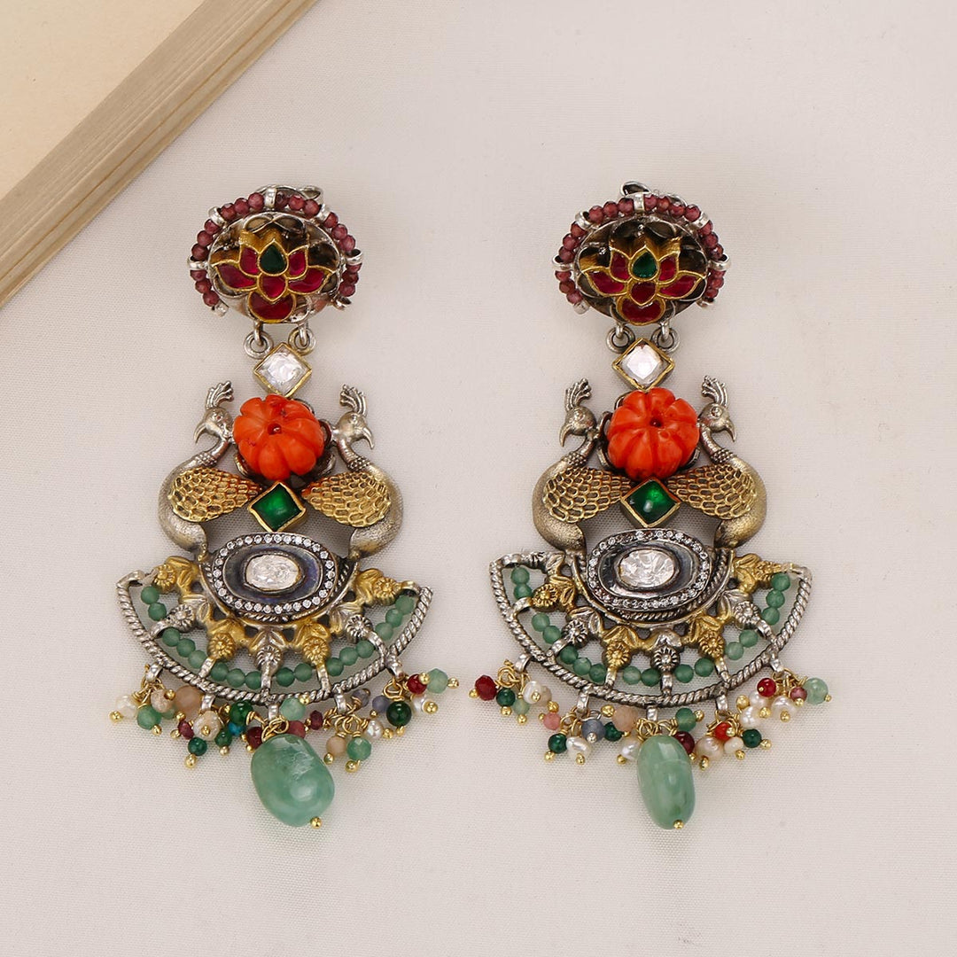 92.5 Silver and 24kt gold-plated, Reeva Oxidised Long Earrings | SHOBITAM