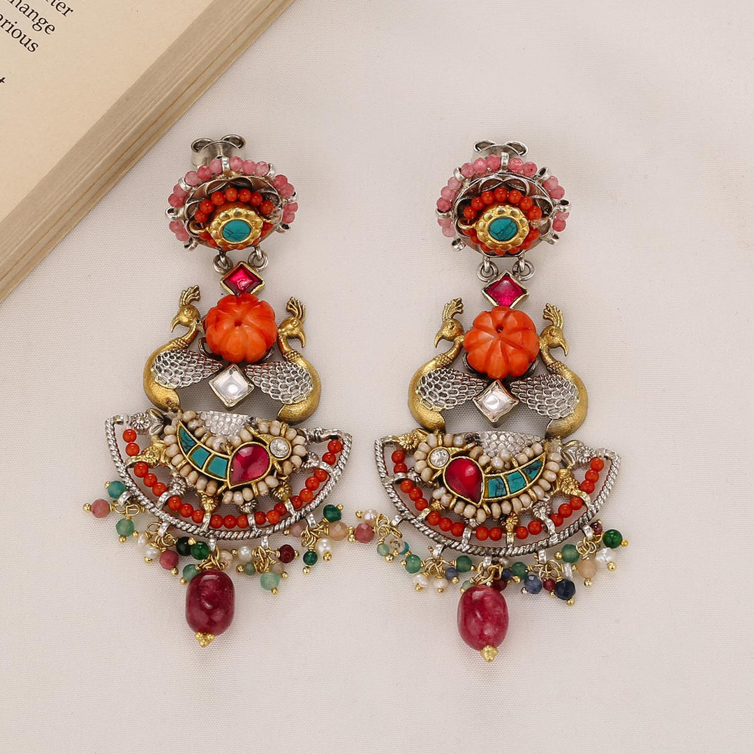 92.5 Silver and 24kt gold-plated, Lakshi Oxidised Long Earrings | SHOBITAM