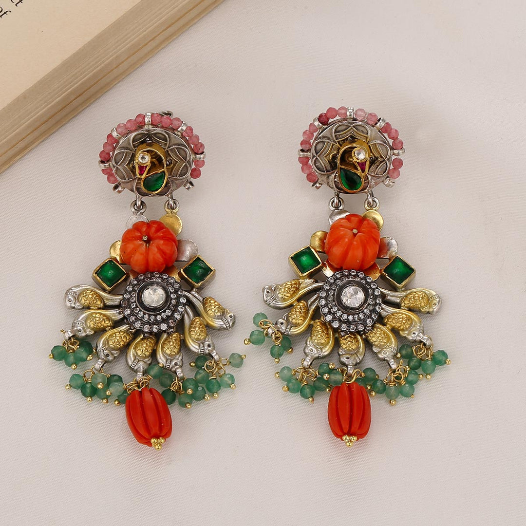 92.5 Silver and 24kt gold-plated, Aarohi Oxidised Long Earrings | SHOBITAM