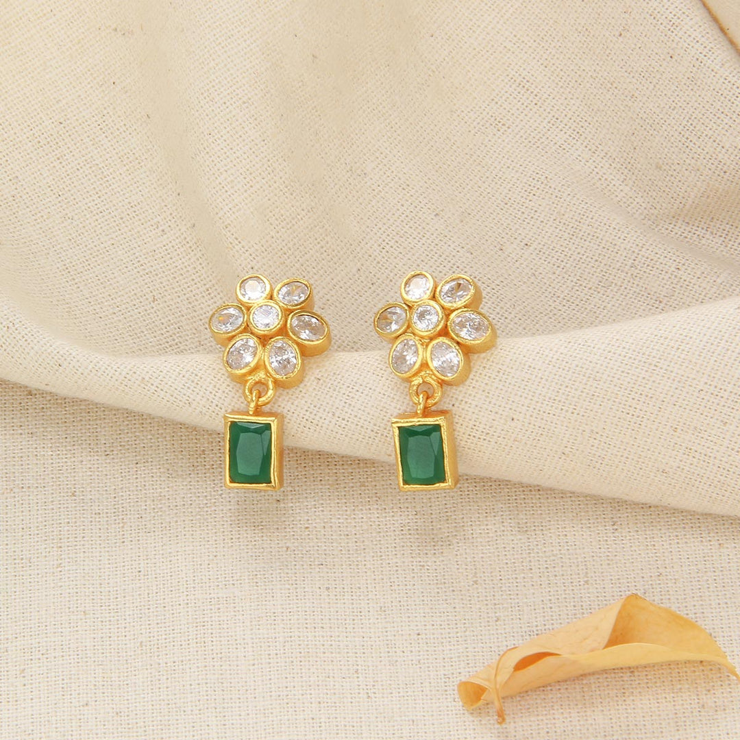 Pure 92.5 Silver, 24kt Gold Plated Greenish Stone Drops | SHOBITAM