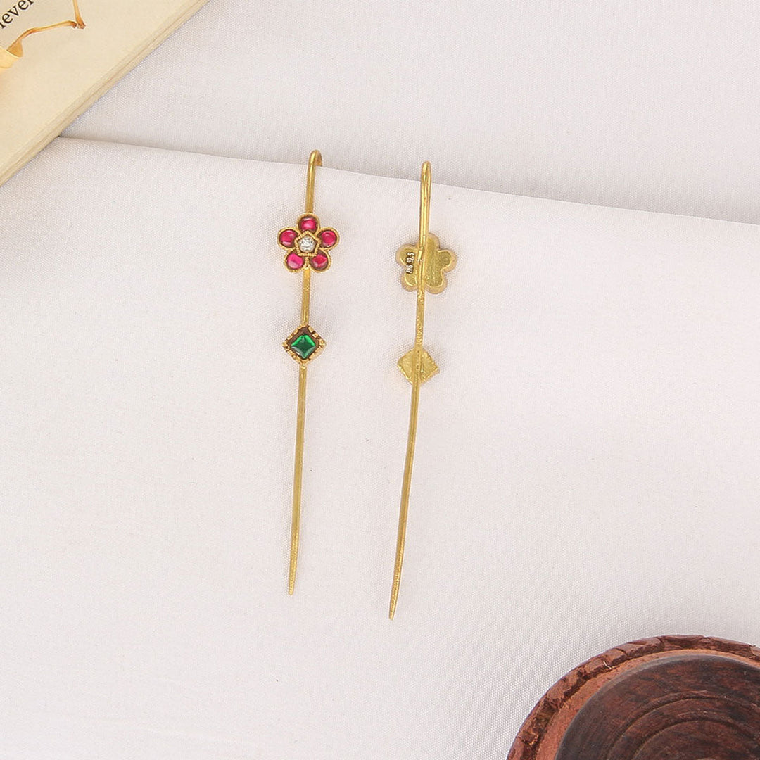 Pure 92.5 Silver, 24kt Gold Plated Little Floral Kundan Needle Ear cuffs | SHOBITAM