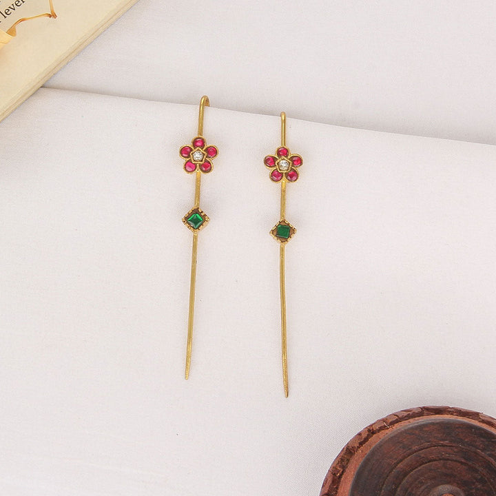 Pure 92.5 Silver, 24kt Gold Plated Little Floral Kundan Needle Ear cuffs | SHOBITAM