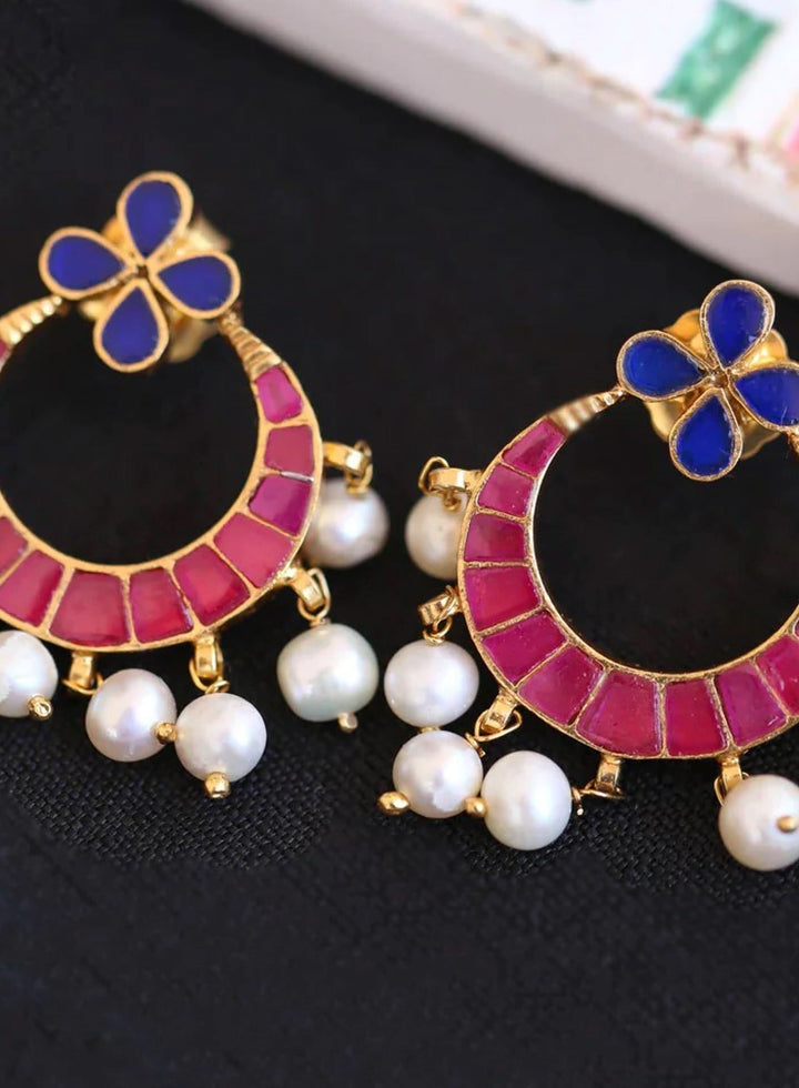 92.5 Silver Gold Plated Chandbali earrings with Pink and Blue stone jadau with dangling Beads