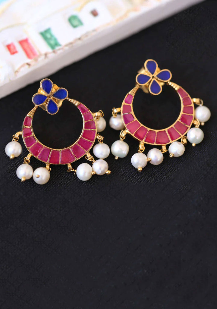 92.5 Silver Gold Plated Chandbali earrings with Pink and Blue stone jadau with dangling Beads