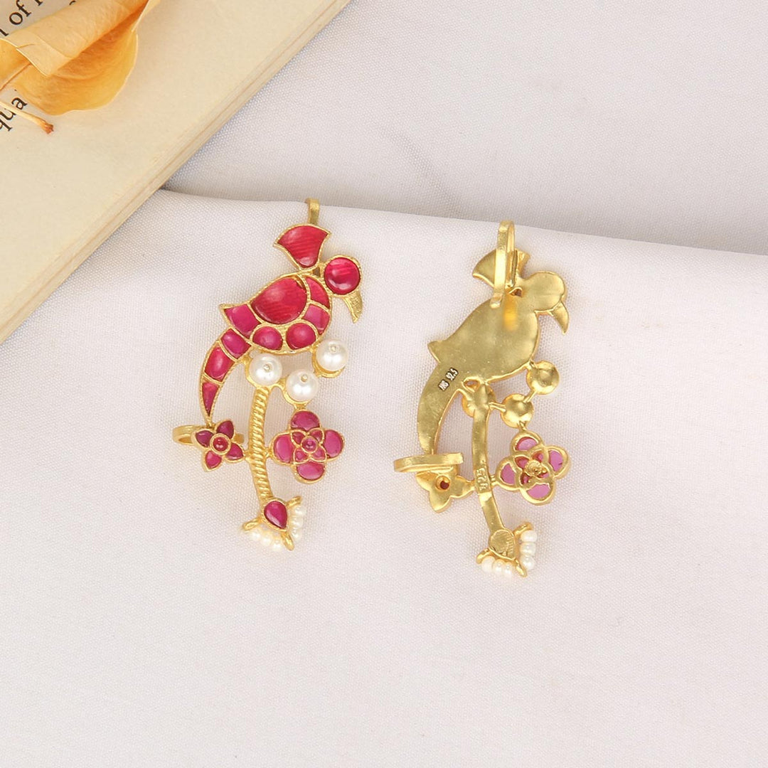 92.5 Silver Gold Plated Dual Birds Bugadi Earrings | SHOBITAM
