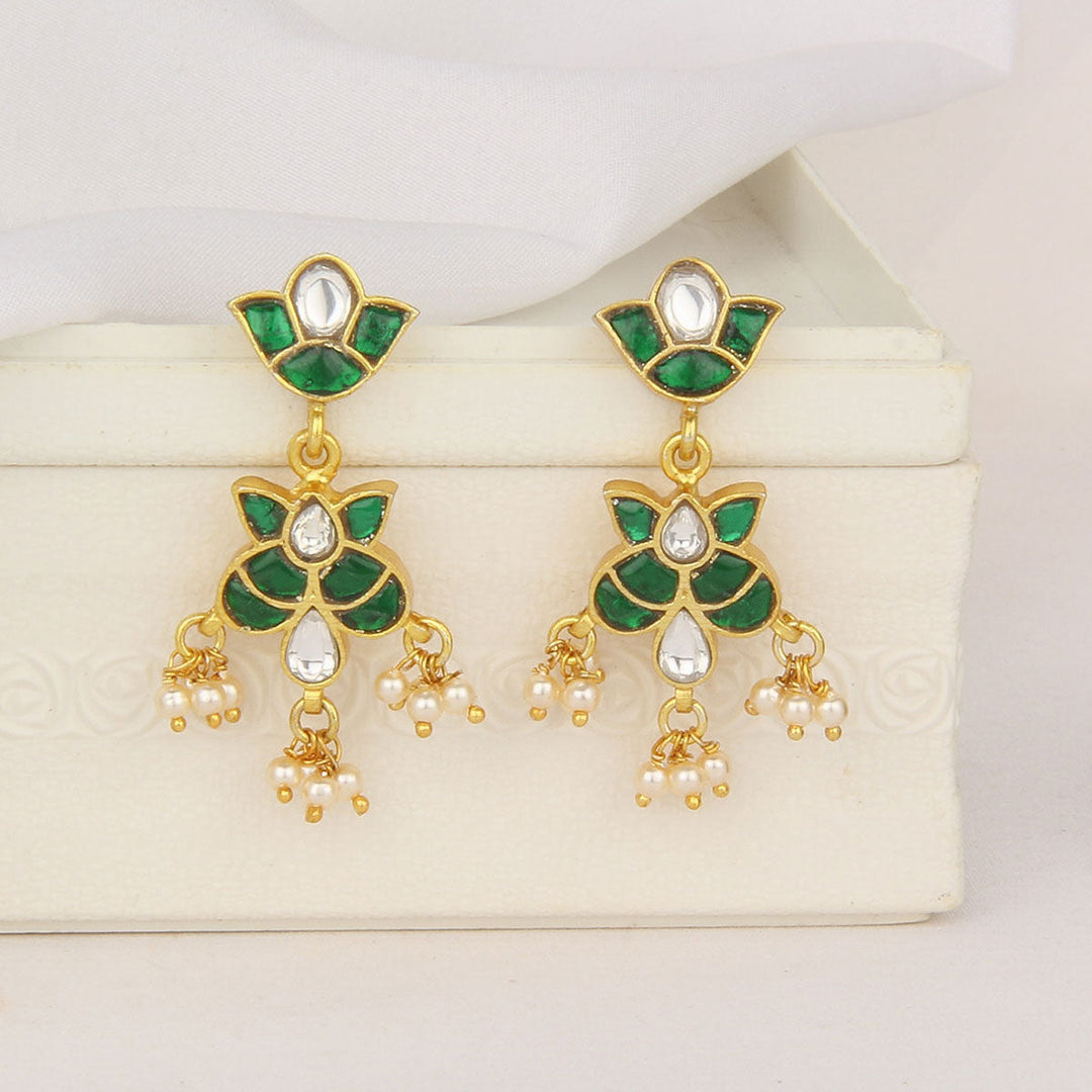 Pure 92.5 Silver, 24kt Gold Plated Dhrishya Kundan Long Earrings | SHOBITAM