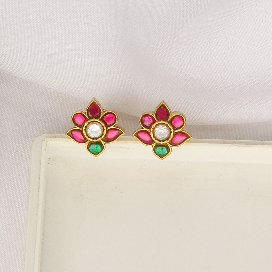 Pure 92.5 Silver, Gold Plated Harisha Kundan Studs | SHOBITAM