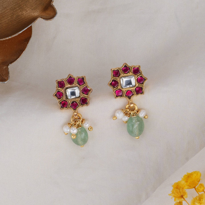 92.5 Silver, 24 kt Gold Plated Floral Kundan Drops | SHOBITAM