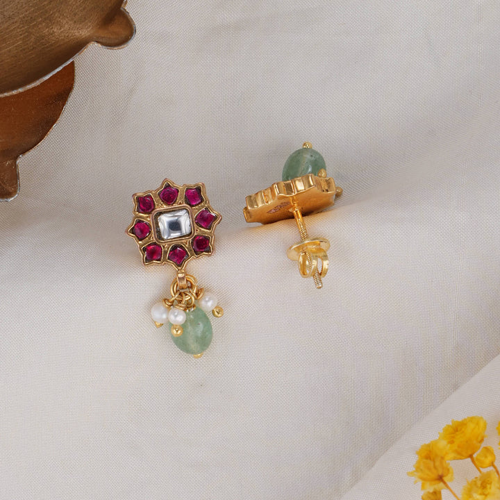 92.5 Silver, 24 kt Gold Plated Floral Kundan Drops | SHOBITAM