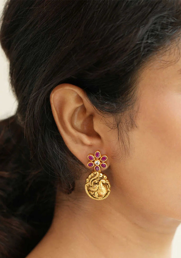 92.5 Silver Nagas Dancing Peacock Earrings, in 24 Kt Antique gold finish