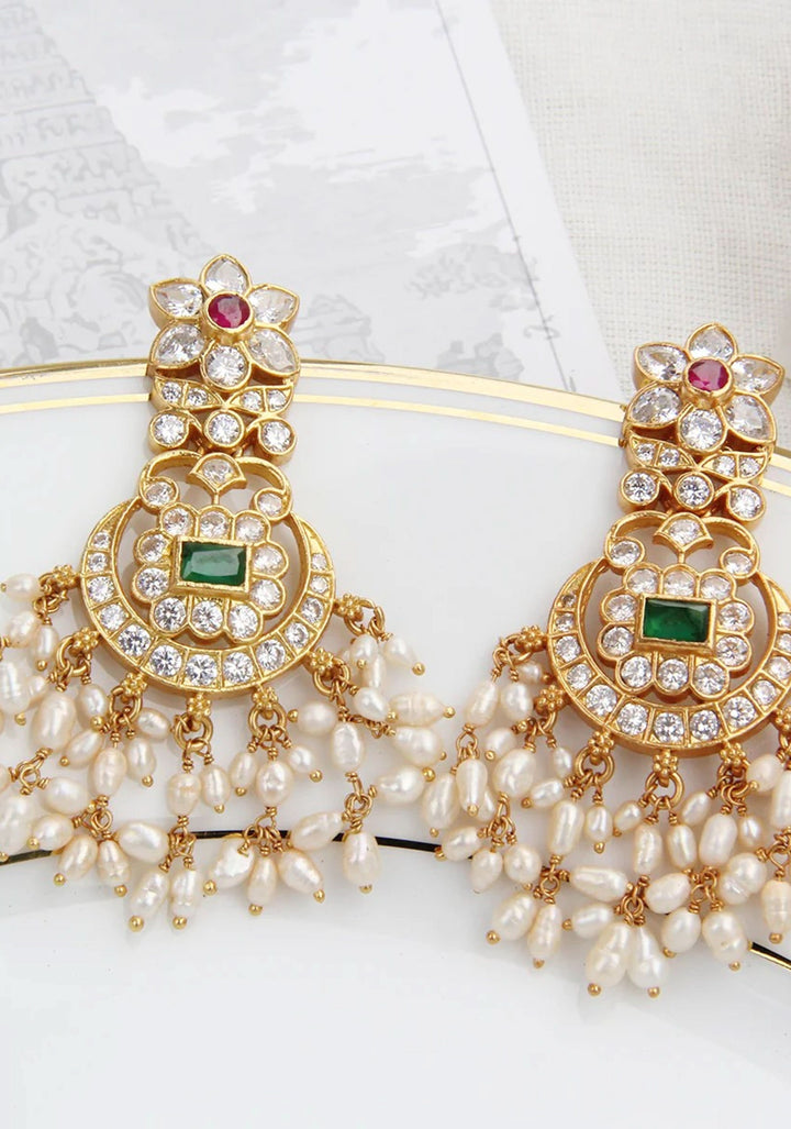 92.5 Silver 24 Kt Gold Plated 2.6" Chandbali Earrings with CZ stones and dangling beads