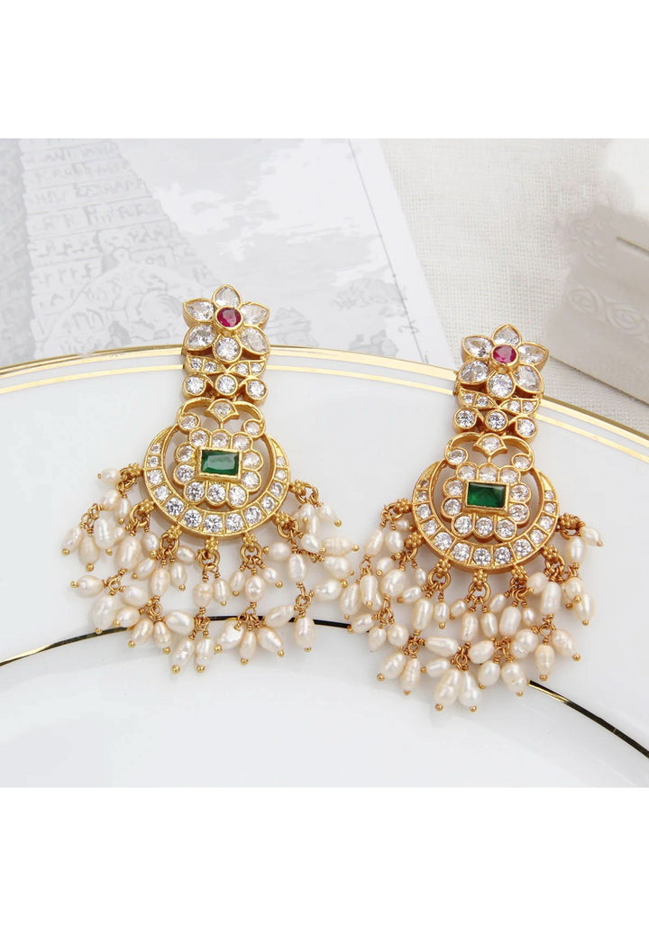 92.5 Silver 24 Kt Gold Plated 2.6" Chandbali Earrings with CZ stones and dangling beads