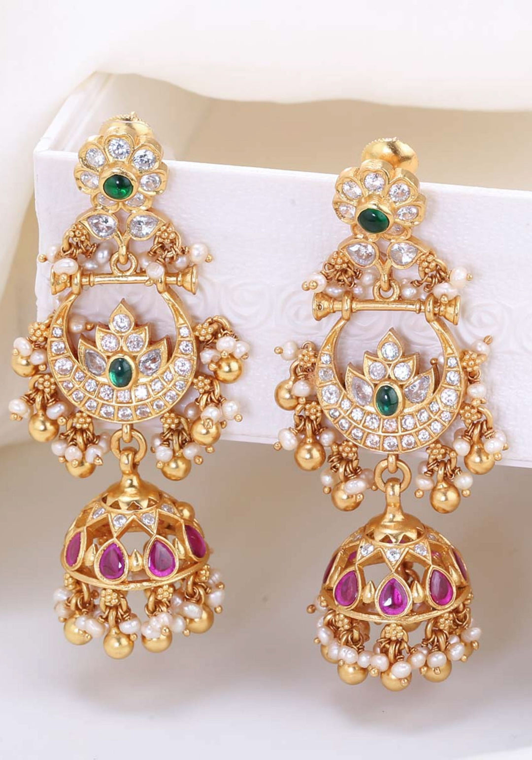 925 Silver 2.7" Chandbali Jhumka  Earrings with encrusted stones and dangling beads
