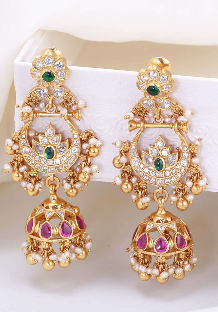 925 Silver 2.7" Chandbali Jhumka  Earrings with encrusted stones and dangling beads