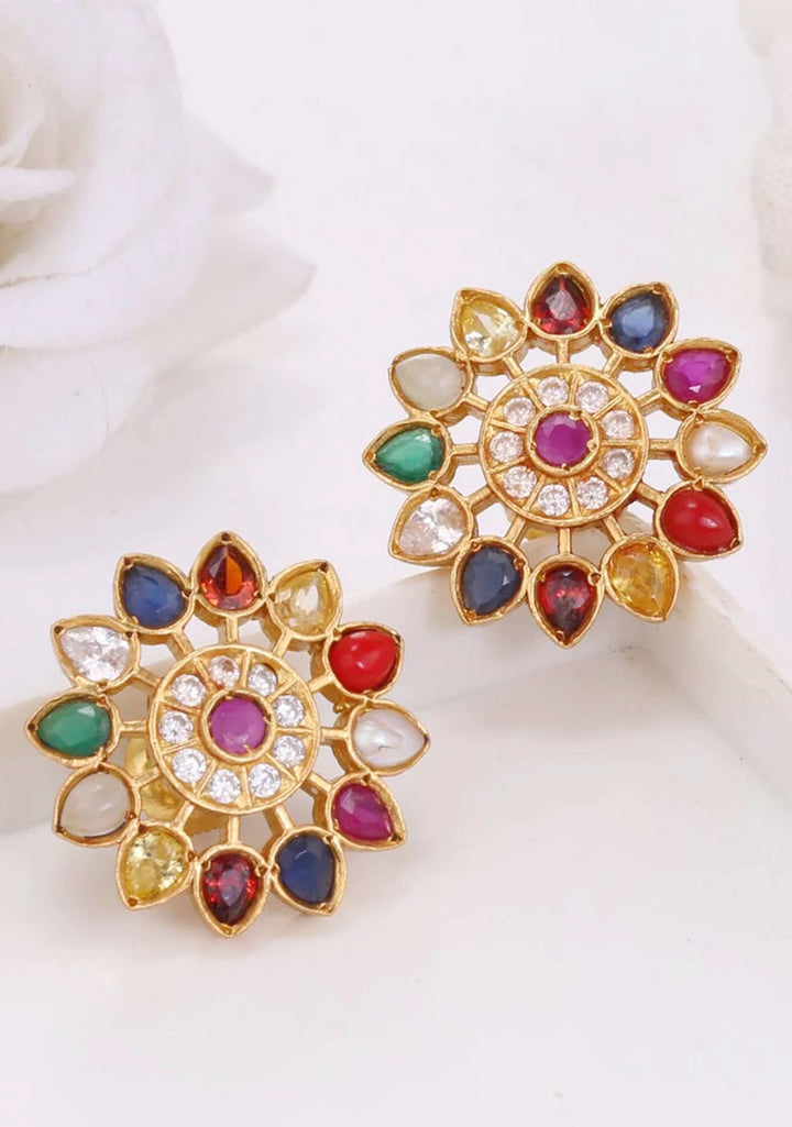 92.5 Silver Gold Plated Navaratna Floral Stud Earrings