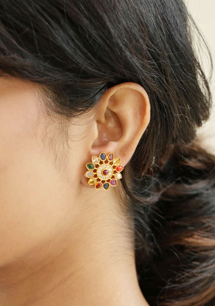 92.5 Silver Gold Plated Navaratna Floral Stud Earrings