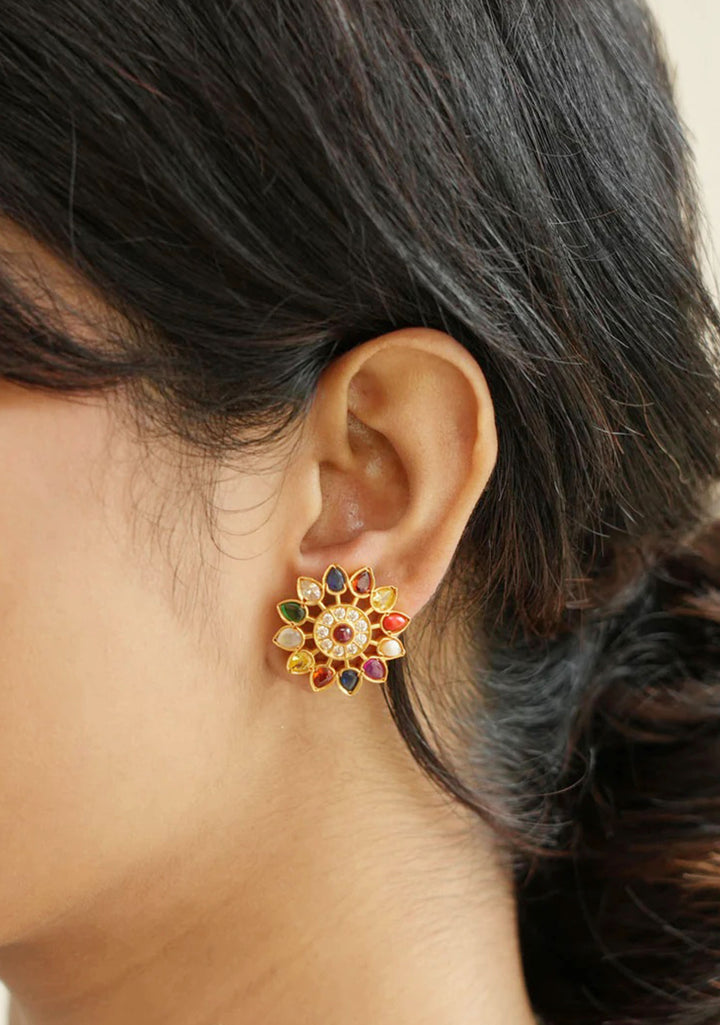 92.5 Silver Gold Plated Navaratna Floral Stud Earrings