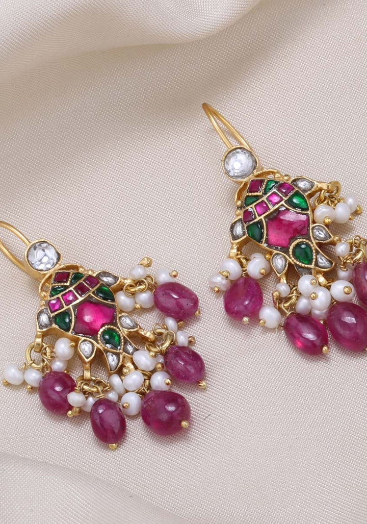 925 Silver Fish pattern kundan stone with dangling Purple beads
