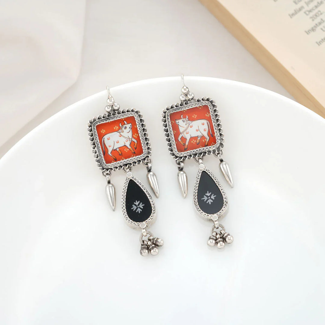 92.5 Silver, Pichwai Theme Handpainted Oxidized Finish  Hook Earrings