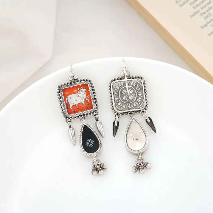 92.5 Silver, Pichwai Theme Handpainted Oxidized Finish  Hook Earrings