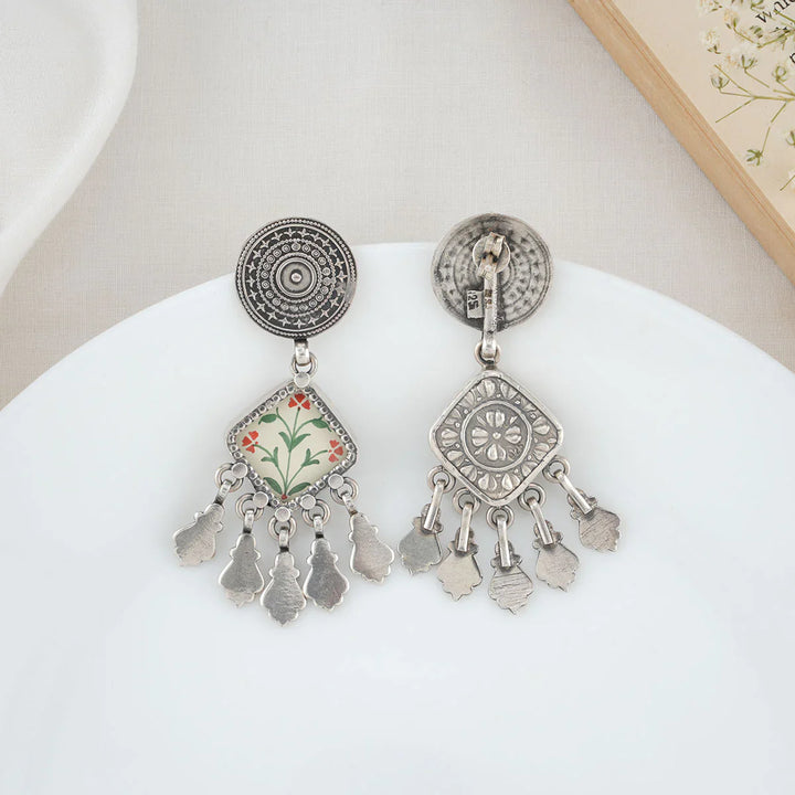 92.5 Silver Oxidized Finish Pichwai Handpainted Earrings