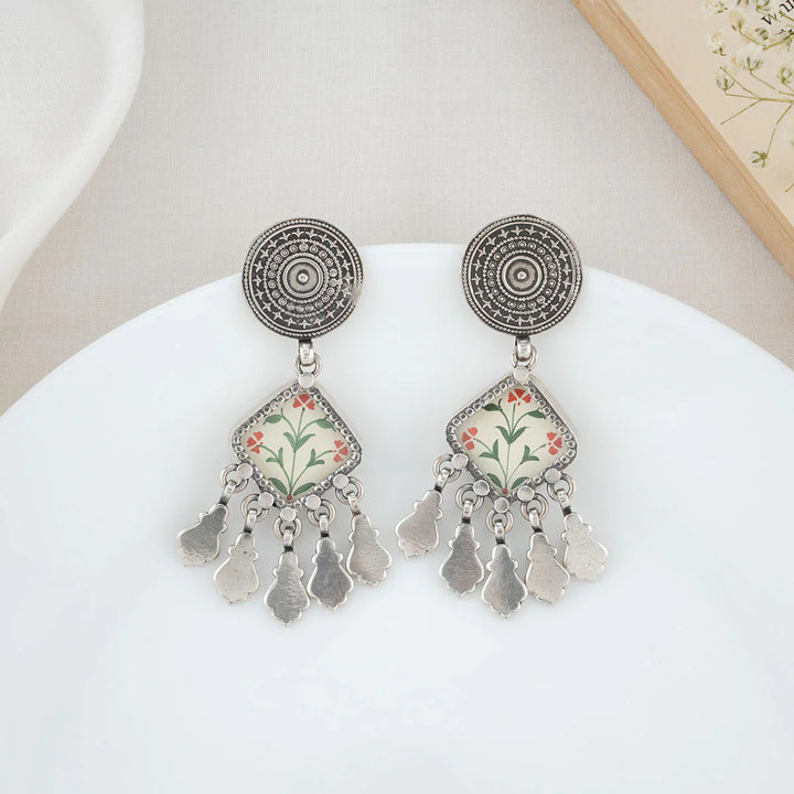 92.5 Silver Oxidized Finish Pichwai Handpainted Earrings