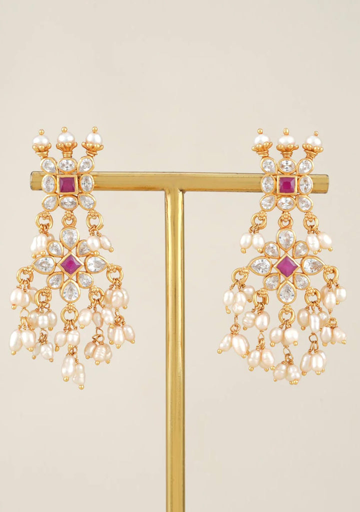 92.5 Silver 24 Kt Gold Plated 2.5" Long CZ Earring with dangling Cluster Pearls
