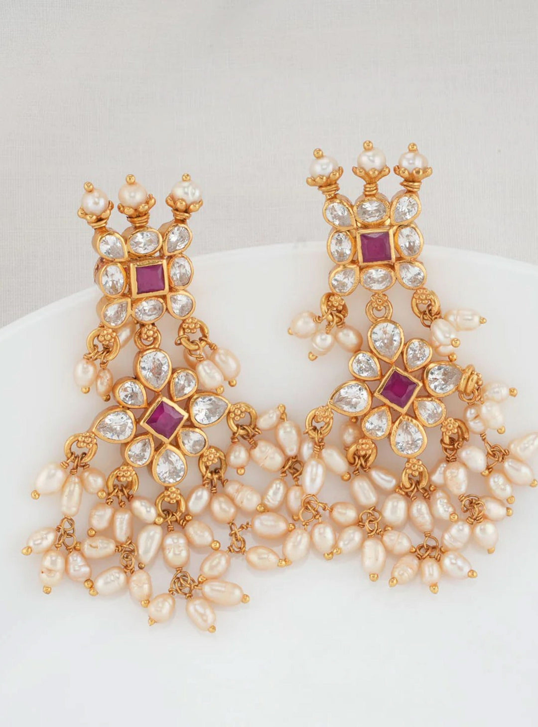 92.5 Silver 24 Kt Gold Plated 2.5" Long CZ Earring with dangling Cluster Pearls