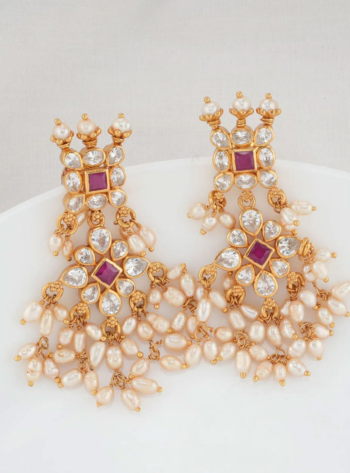92.5 Silver 24 Kt Gold Plated 2.5" Long CZ Earring with dangling Cluster Pearls