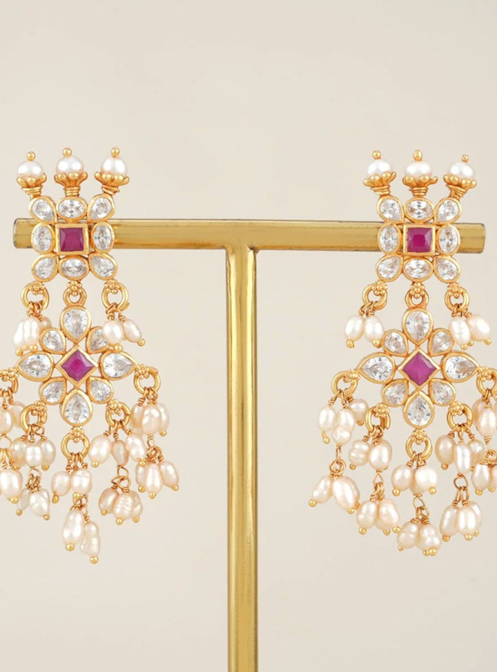 92.5 Silver 24 Kt Gold Plated 2.5" Long CZ Earring with dangling Cluster Pearls