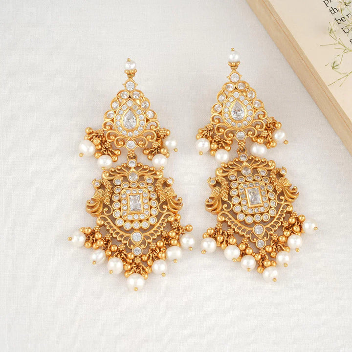 92.5 Pure Silver, 24kt Gold-Plated Fleur Stone Long Earrings