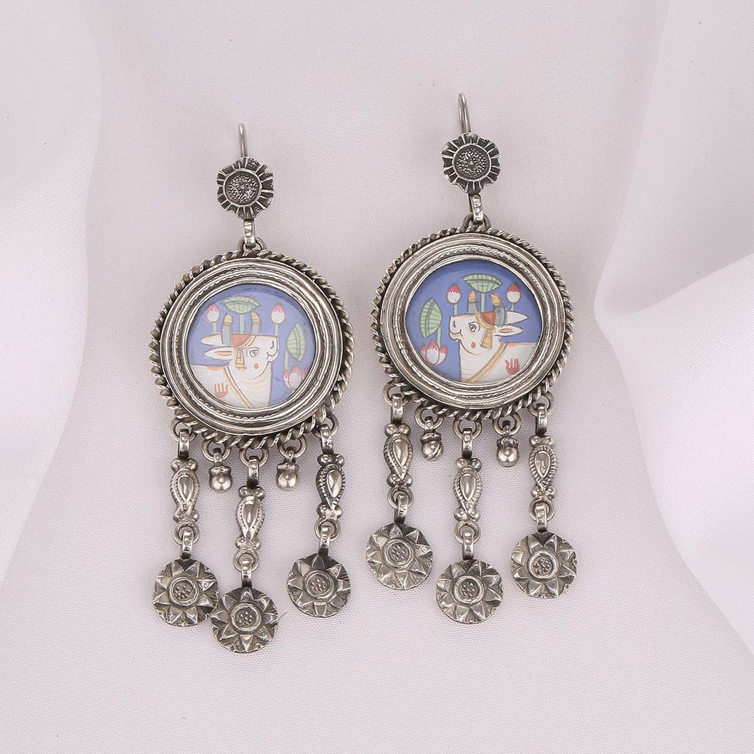 Pure 92.5 Silver Shrinathji Pichwai Earrings | SHOBITAM