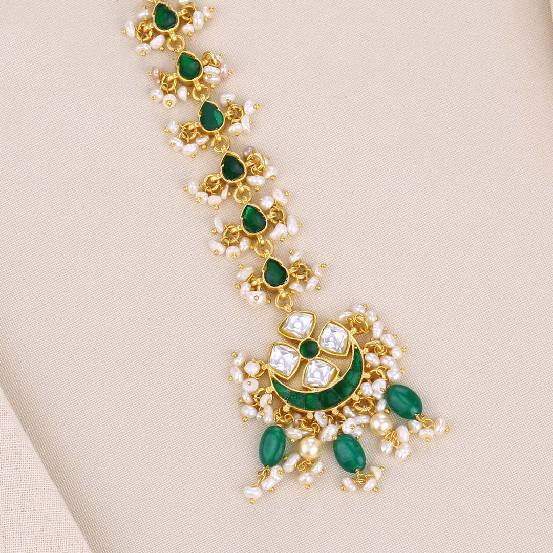 92.5 Silver, Heera Green Beaded Maang Tikka with Dangling Beads