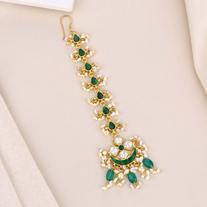 92.5 Silver, Heera Green Beaded Maang Tikka with Dangling Beads