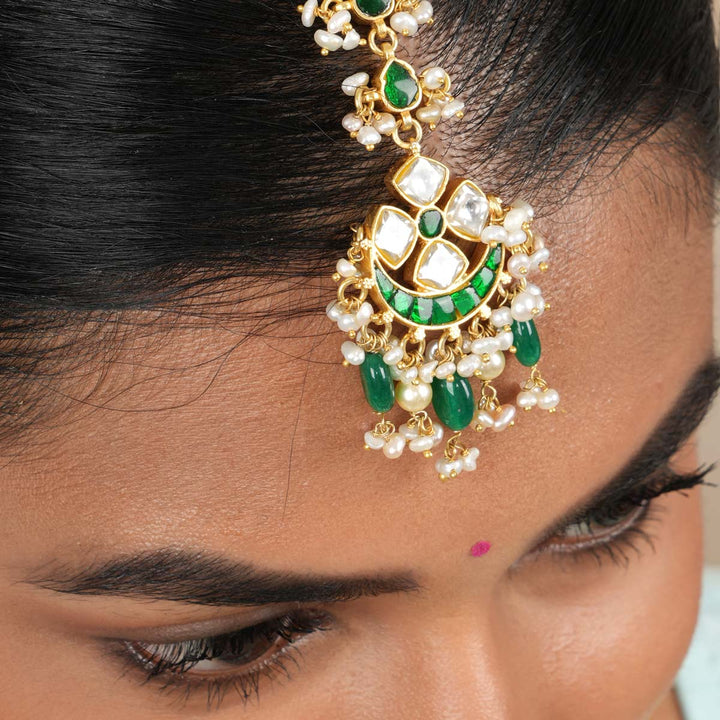 92.5 Silver, Heera Green Beaded Maang Tikka with Dangling Beads