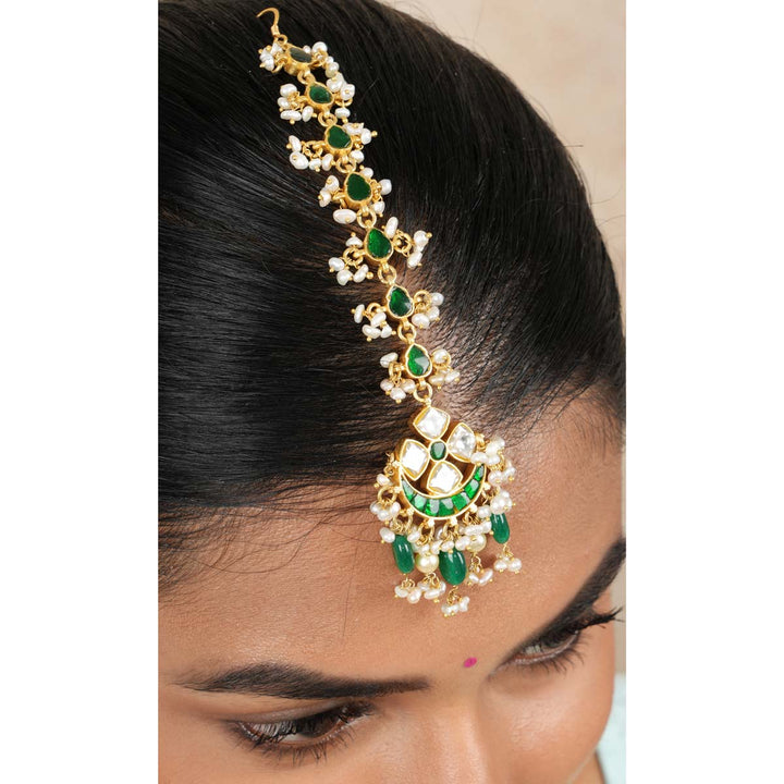 92.5 Silver, Heera Green Beaded Maang Tikka with Dangling Beads