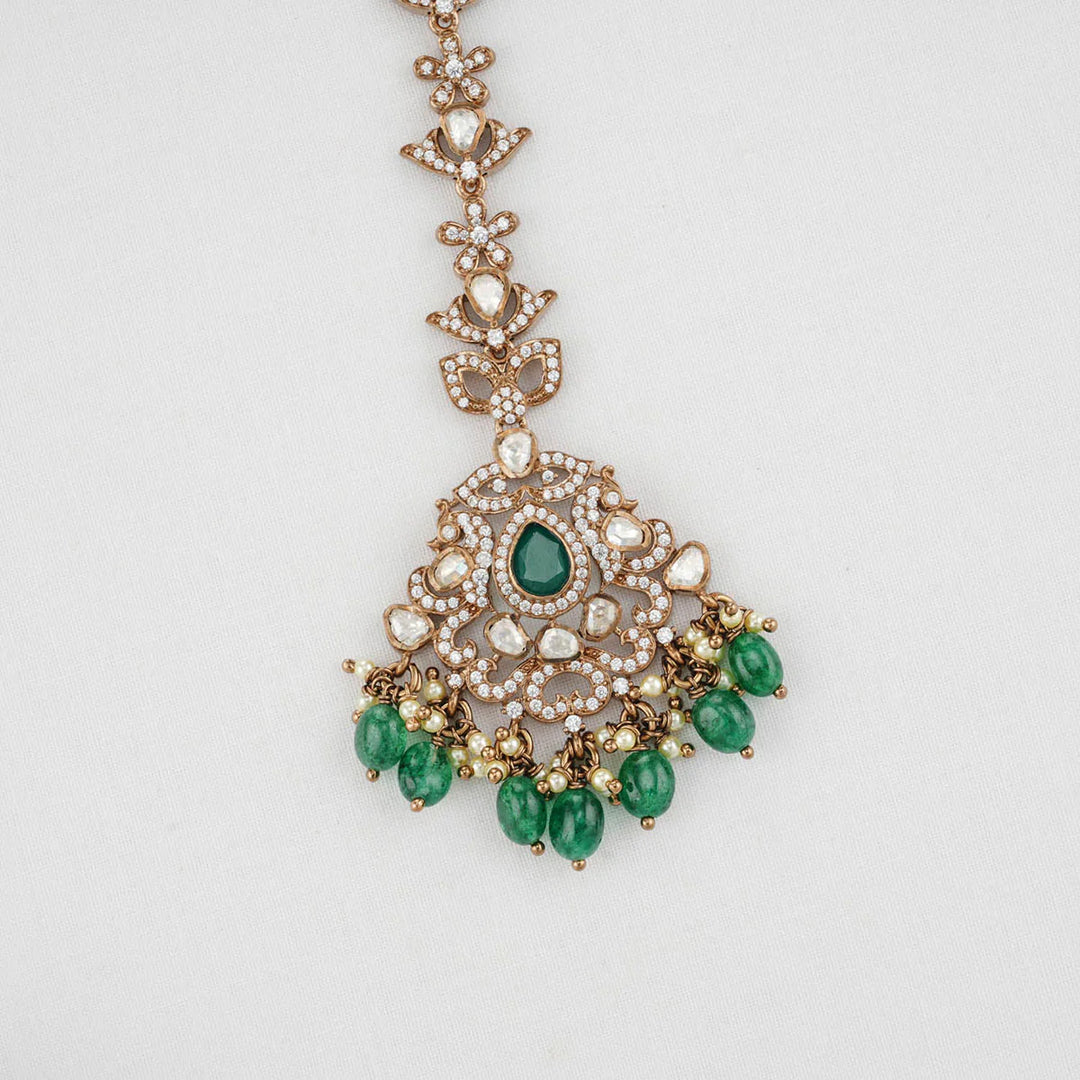 92.5 Silver, Victorian Maangtikka studded with Gem Stones and Pearl Beads