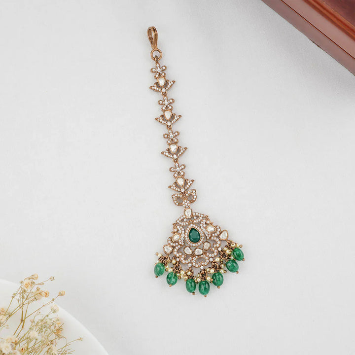 92.5 Silver, Victorian Maangtikka studded with Gem Stones and Pearl Beads