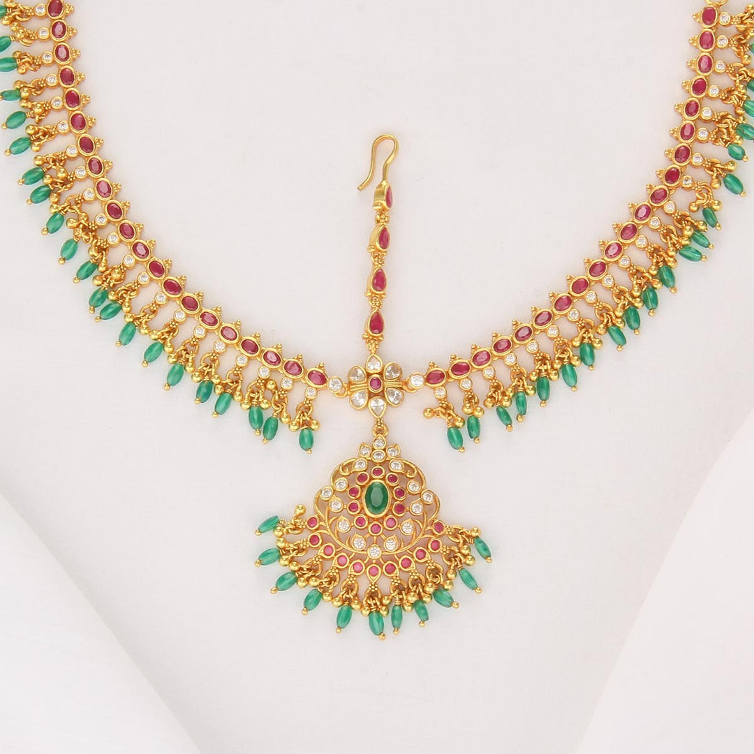 Pure 92.5 Silver, 24kt Gold Plated Dhashikha Stone Maangtikka | SHOBITAM
